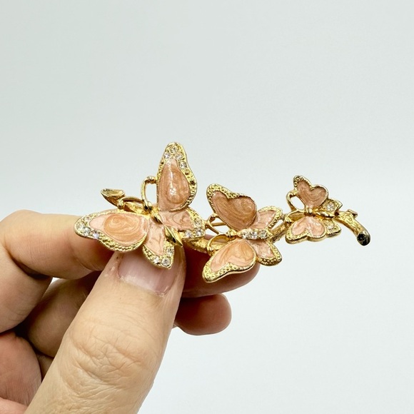 Vintage 90s Avon Butterflies Trio Enamel Swirls Rhinestones Gold Tone Brooch - Picture 1 of 7